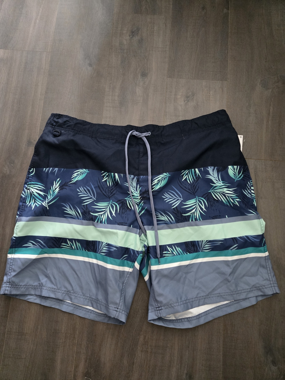 Men's Navy Tropical Stripe Swim Trunks